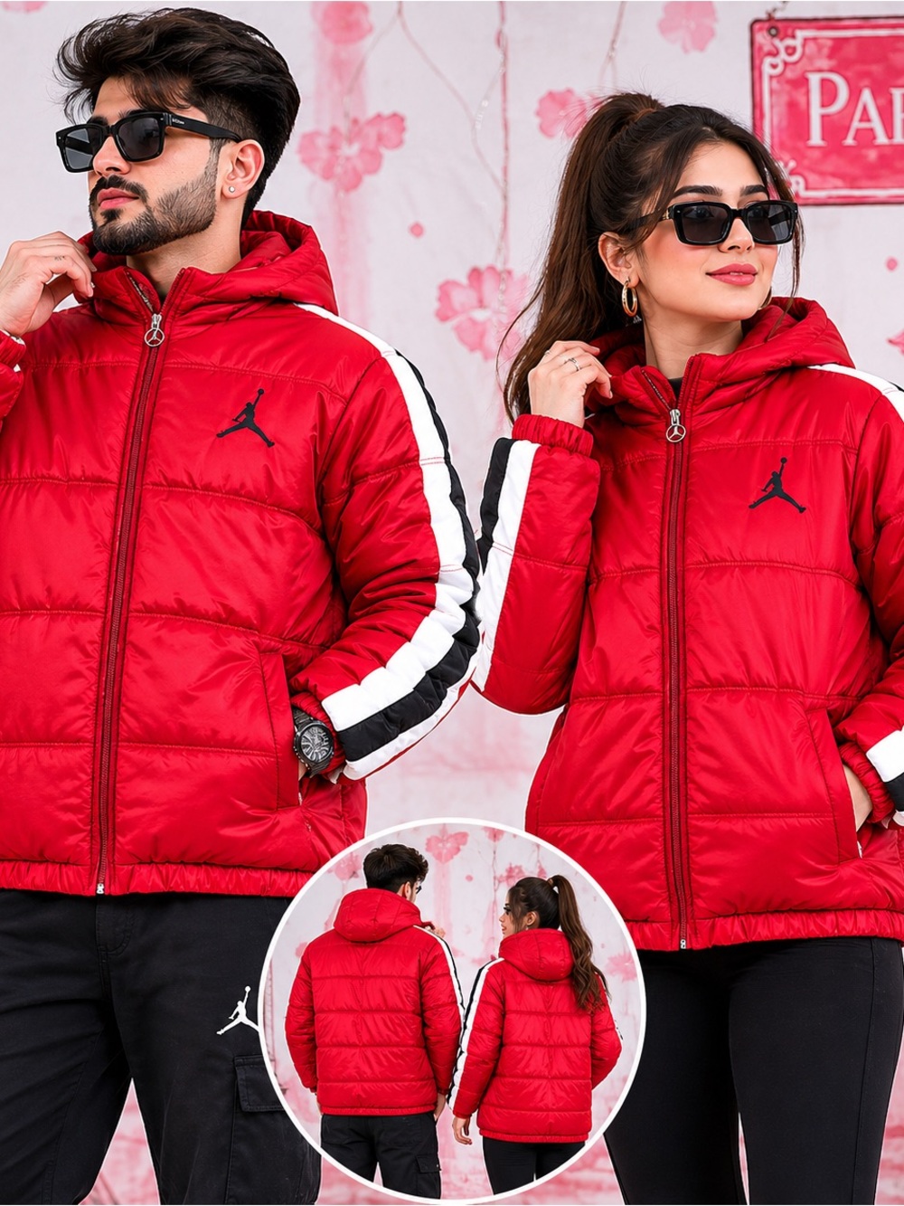 Jordan Hooded Puffer Jacket Fleece Lined Red/Black/White Womens/Kids Size Large